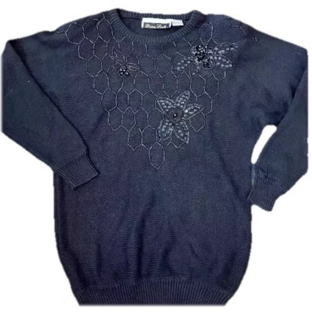 Y2k VTG‎ Dana Scott Sweater Size M Black sequins beads Grannycore Whimsigoth